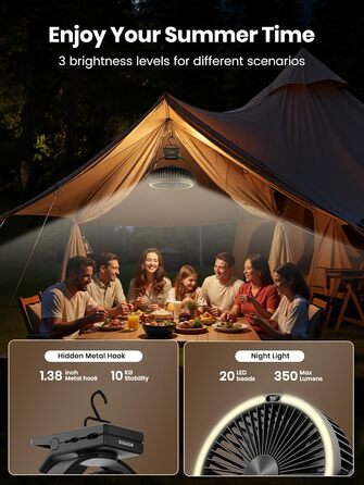 Вентилятор портативний Warmco з LED-ліхтарем та гаком, 15000 mAh, акумуляторний, для кемпінгу, офісу, гольф-кару, з цифровим дисплеєм, 360° обертання, 4 швидкості