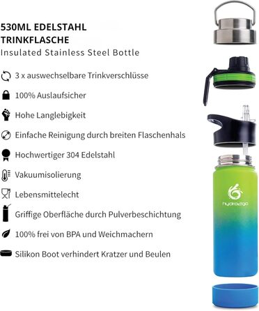 Фляга для води Hydro2Go Edelstahl 530 мл (Земля) – нержавіюча сталь, BPA-free, термофляга 12 год гаряче/24 год холодне, 3 кришки
