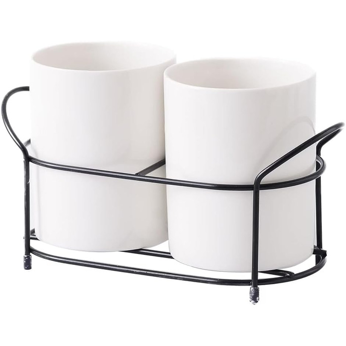 Ceramic toothbrush holder with black frame (white), 2 pieces