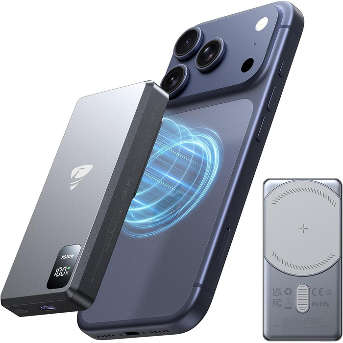 Портативний зарядний акумулятор Powerbank з MagSafe, 5000mAh, 20W PD, 15W Wireless, USB-C, для iPhone, AirPods (Сірий)