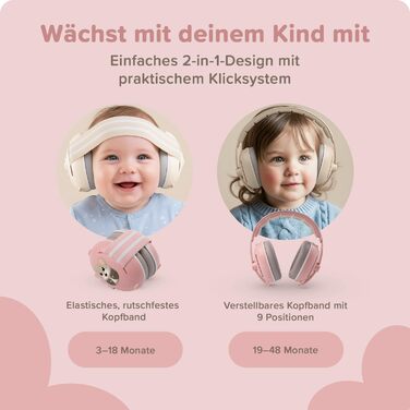 Навушники для захисту від шуму для дітей 3-48 місяців - Захист слуху для немовлят 25dB - М'які навушники для дітей з еластичною та регульованою стрічкою (Рожеві)