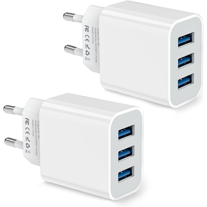 Мережевий адаптер Amoner з USB 3-портом, 15W x 2, для iPhone 14/13/12/11/X/8 та інших пристроїв