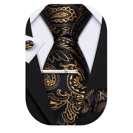 Набір краватки, кишенькового хустинки та запонок Barry.Wang: Шовкова краватка з квітковим візерунком Paisley, чорно-золота, для весілля та свят