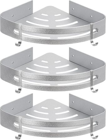 Yorbay Shower Shelf No Drilling with Mounting Material, Corner Shower Shelf No Drilling, Triangle Bathroom Shelf Made of Aluminum with Hooks, Bathroom Shelf 3-Piece Set