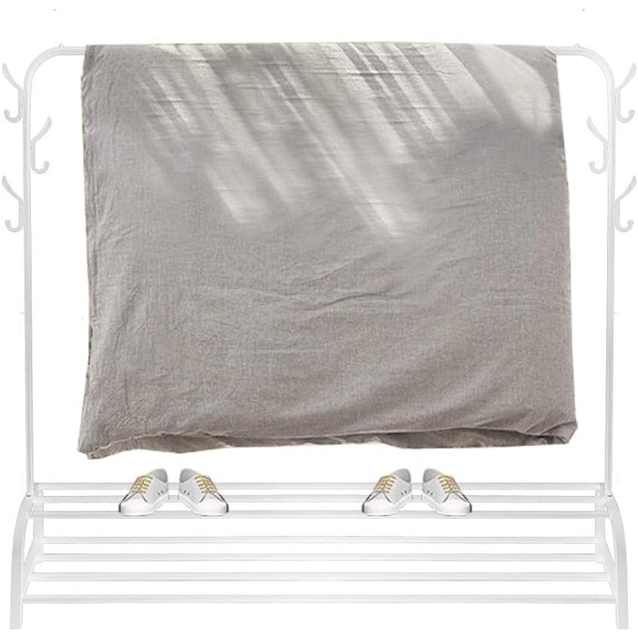 Clothes Rack Coat Rack Freestanding Clothes Rack Garment Rack Multifunctional with Top Bar, Bottom Shelf and 6 Hooks (White)