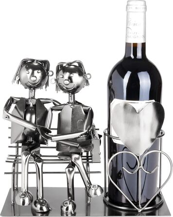BRUBAKER Bottle Holder Men Loving Couple on Bench - Wine Bottle Holder Man + Man Silver - Bottle Stand Metal Figure Love - Metal Sculpture Gift for Married Couples with Gift Card