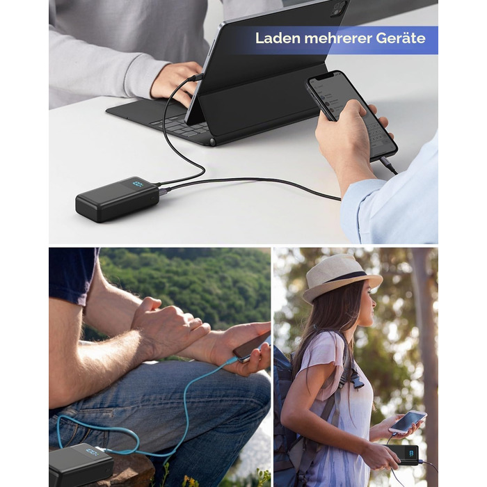 Повербанк Power Bank 60000mAh з швидкою зарядкою 22.5W, зовнішній акумулятор USB-C, 4 виходи та 2 входи, LED-дисплей, чорний