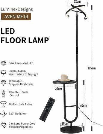 Стійка LED-лампа для вітальні з приставним столиком та лампою для читання, AVEN MF18, чорна