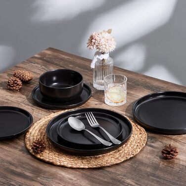 Набір посуду Joyfair на 6 осіб, 18 предметів: тарілки, миски, десертні тарілки, чорний колір, кераміка, для посудомийної машини та мікрохвильової печі
