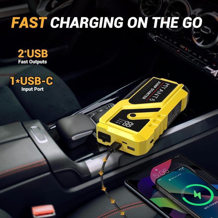 Powerbank з компресором та пусковим пристроєм 12V для автомобіля, LED-ліхтар, швидка зарядка, для двигунів до 10.0L бензину та 8.0L дизеля (Жовтий)