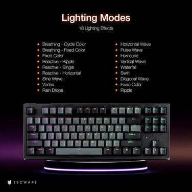 TECWARE Phantom+ 87-клавішна RGB-механічна клавіатура (Чорна) з перемикачами Wraith Red (лінійні, 45 г) – підключення по кабелю, індивідуальне налаштування кольору та підсвічування для кожної клавіші