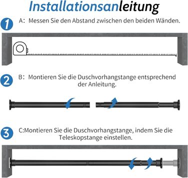Штанга для душу без свердління, штанга для ванни, нержавіюча сталь, телескопічна, 70-195 см, чорна
