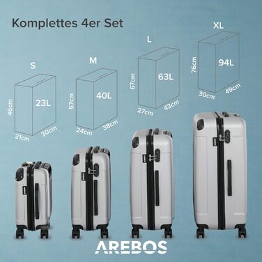 Набір валіз Arebos 4шт з ABS-пластику | Чотири валізи S-M-L-XL | Валіза-троль | З телескопічною ручкою та замком-блискавкою | 360° колеса | Сріблястий колір