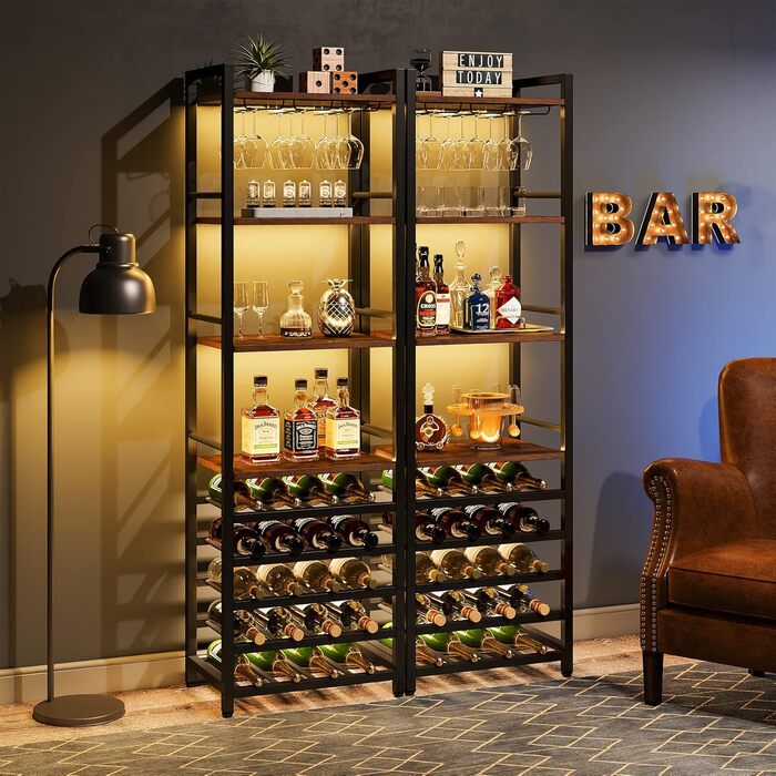 Tribesigns 20 Bottle Wine Baker's Rack, Freestanding Wine Rack, 9 Tiers, Industrial Freestanding Wine Rack Wine Bar with Glass Holder, Bottle Rack for Bar, Kitchen, Dining Room, (Rustic Brown, 2 PC)