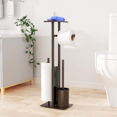 Stainless Steel Toilet Paper Holder with Brush - Freestanding Toilet Paper Roll Holder with Tray & Glass Shelf (Matte Brown)