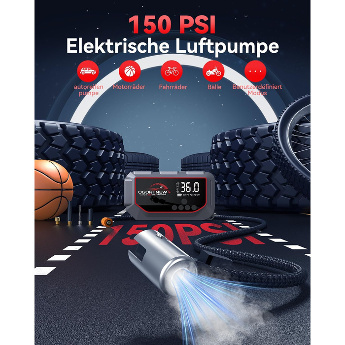 Портативний пусковий пристрій OGORI K33 з компресором 150 PSI та LED ліхтариком для автомобілів 12V (бензин 8L/дизель 10L)