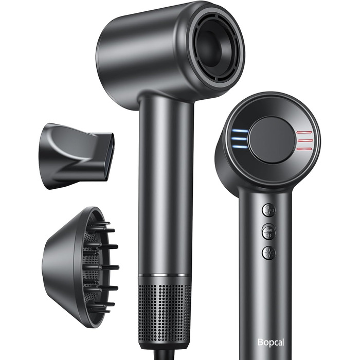 Іонізатор волосся Bopcal, 160000 об/хв, 500 млн іонів, з насадкою-дифузором, професійний фен для дому, салону, подорожей, 12 режимів, чорний