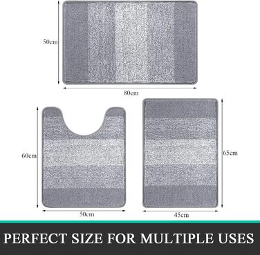 Enyhom 3-Piece Microfiber Bath Mat Set - Non-Slip Bathroom Rugs & Toilet Mat Set - Soft & Washable - Grey - 45x65cm, 50x80cm, 50x60cm
