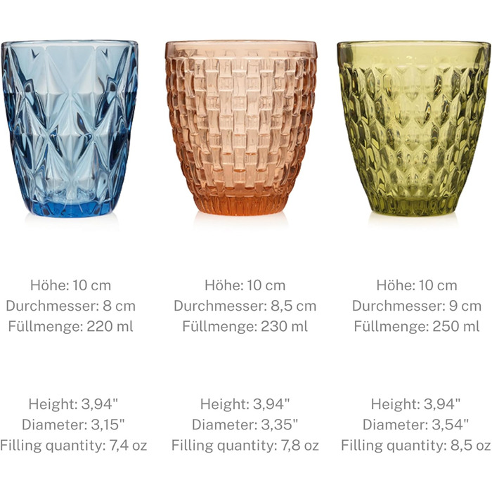 Sänger Drinking Glasses Set Porto - 6-Piece Glass Set for 6 People, Water Glasses, Multicolored, Unique Cut, Everyday Use, Family Meals, Office, Outdoor Juice Glasses Set | 310 ml
