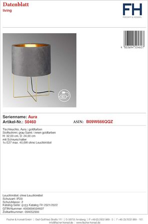 Торшер Fischer & Honsel Aura: класичний дизайн, золотий метал, синій оксамитовий абажур, висота 34 см