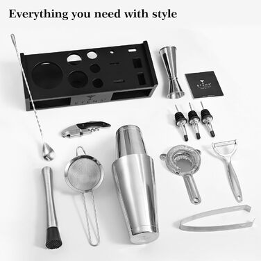 Набір для коктейлів 15 предметів: шейкер бостонський, джигер, сито, відкривачка, ложка для змішування - Барменський набір для приготування коктейлів