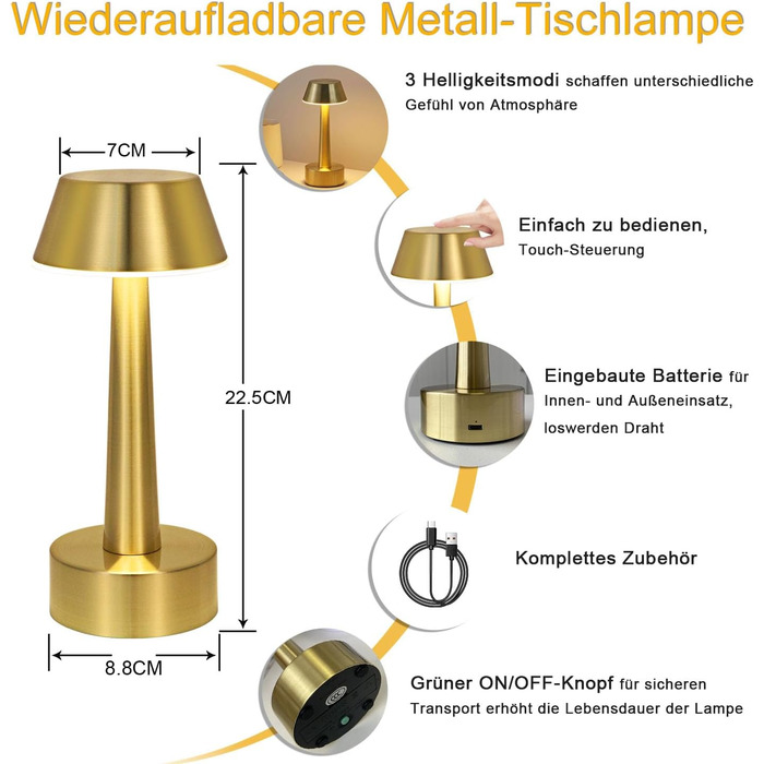 Бездротова лампа OCEST USB, акумуляторна настільна лампа для дому та саду, 3 кольори, сенсорне регулювання яскравості, золота
