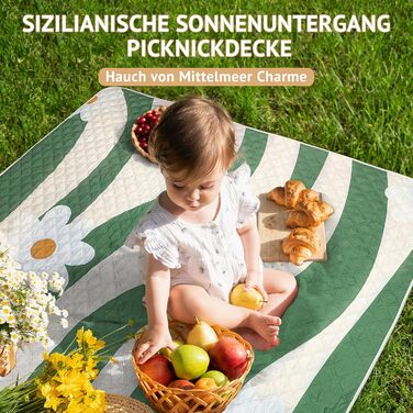 LARUTAN Beach Blanket, Waterproof, Machine Washable, Portable Picnic Blanket with Shoulder Strap - for Beach Days & Picnics Versailles Daisy 200 x 200 cm