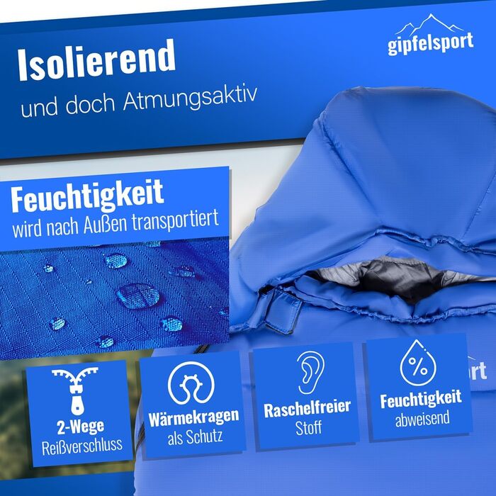 Спальний мішок Gipfelsport Ultraleicht 4 сезони [-20°C - 15°C] | Ultralight, Mumienschlafsack для кемпінгу, трекінгу та подорожей | 10°C, блакитний