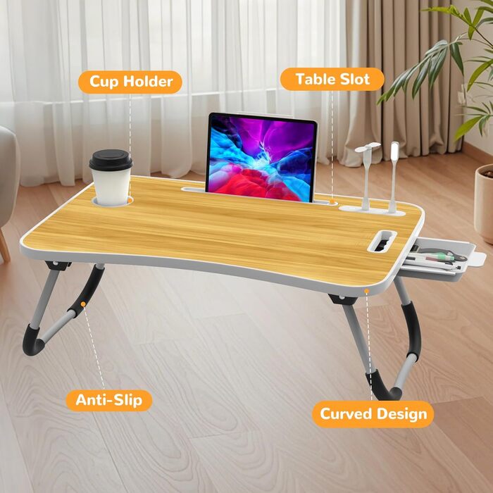 Столик для ноутбука в ліжко Huracan: регульований, з USB, підсклянником та ящиком (60x40 см, чорний)