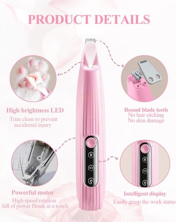 Триммер для собак LOEVERY з LED-підсвічуванням, 9 мм, USB-зарядка, рожевий. Ідеально для догляду за лапами, очима, обличчям та вухами