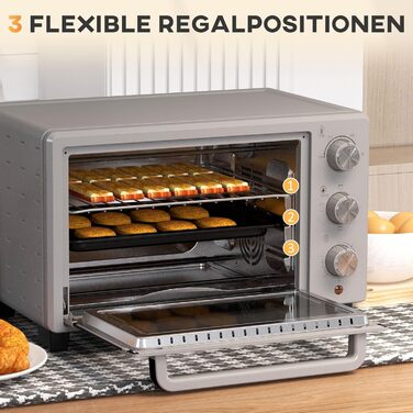 Міні-піч HOMCOM 21 л, 1400 Вт, 100-230°C, таймер, дека для крихт, дека для випічки, решітка-гриль, скло, для піци, кремово-білий (сріблястий)