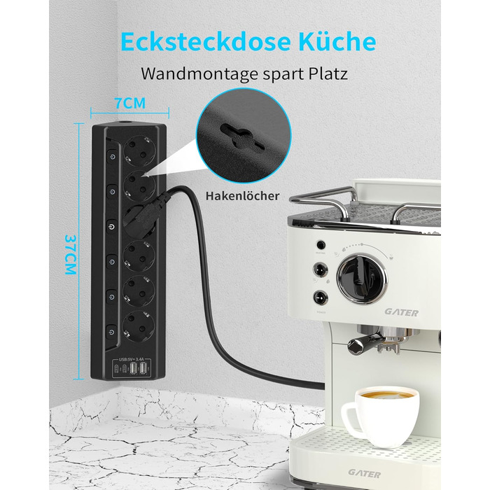 Мережевий фільтр з USB-C, 6 розеток, кабель 2м (4000W, 16A), розподільний блок для кухні/офісу, чорний