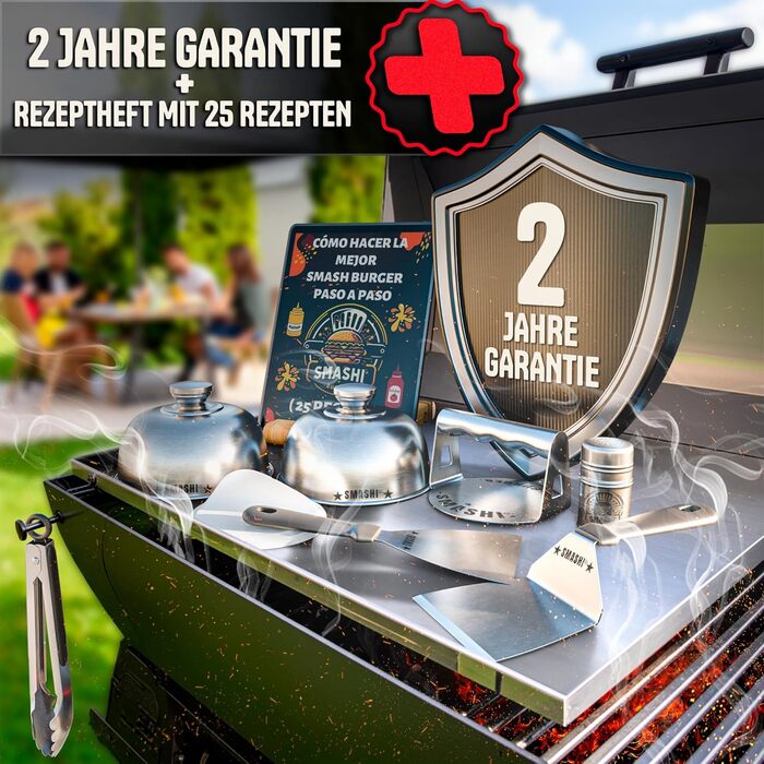 Набір для приготування Smash Burger SMASHI® з нержавіючої сталі 304 – професійний набір з антипригарною пресом, лопаткою для гриля та бургер-дзвоном – з рецептами (Supreme)