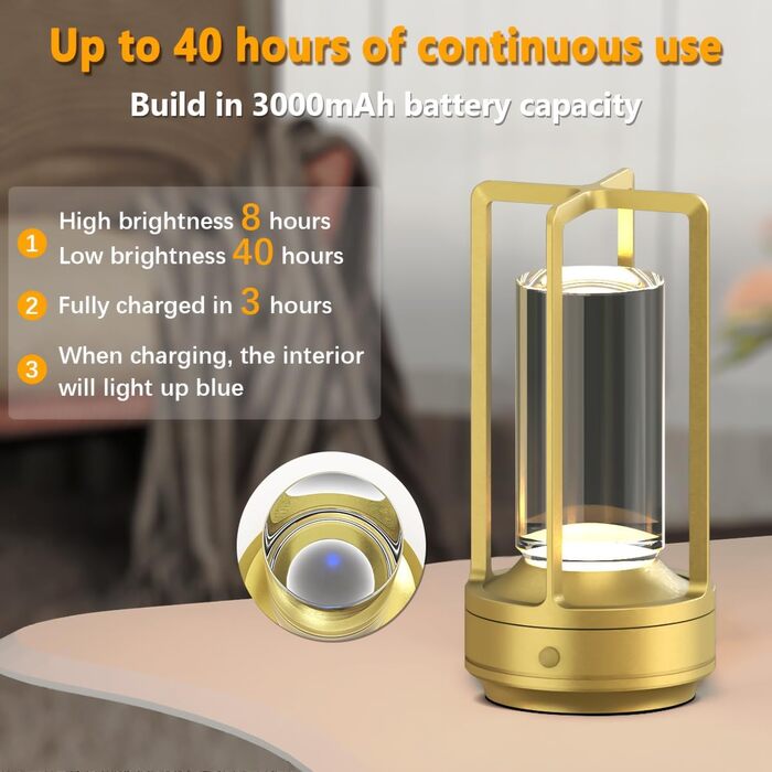 LED-лампа настільна бездротова Hapfish, 3000mAh, USB, кришталь, водонепроникна, з ручкою, диммування, для ресторану, вулиці, спальні, вітальні (Золота)