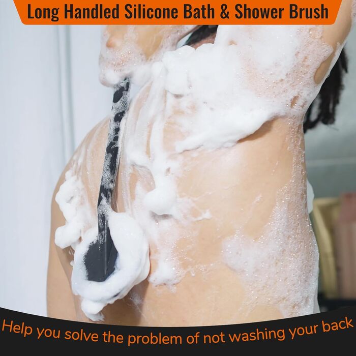 Силіконовий скребок для тіла під душ з довгим руків'ям, двостороння дзеркальна щітка для душу для скрабу та масажу, створює багато піни, скребок для спини з довгим руків'ям для чоловіків (Елегантний чорний)