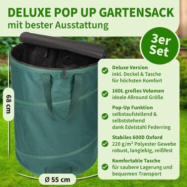 TTL Garden Комплект з 3 садових мішків 160 л з кришкою, 220 г/м², 600D Оксфорд, складаний, для листя та садових відходів, міцний