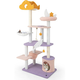 Дерев'яний кігтеточка для котів Costway з будиночком, гамаком та мотузкою, активний комплекс для котів, фіолетово-рожевий (48x68x167см)