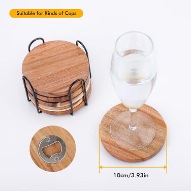 Acacia Wood Coasters Set of 6 with Bottle Opener, Wooden Coasters for Drinks with Holder, Table Protector for Home and Office Decor