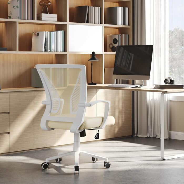 Офісний крісло Yaheetech ергономічне, з сітчастою спинкою, з підлокітниками, для офісу та дому, комп'ютерне крісло, витримує до 136 кг, дихаюче, з функцією гойдання (Бежевий)