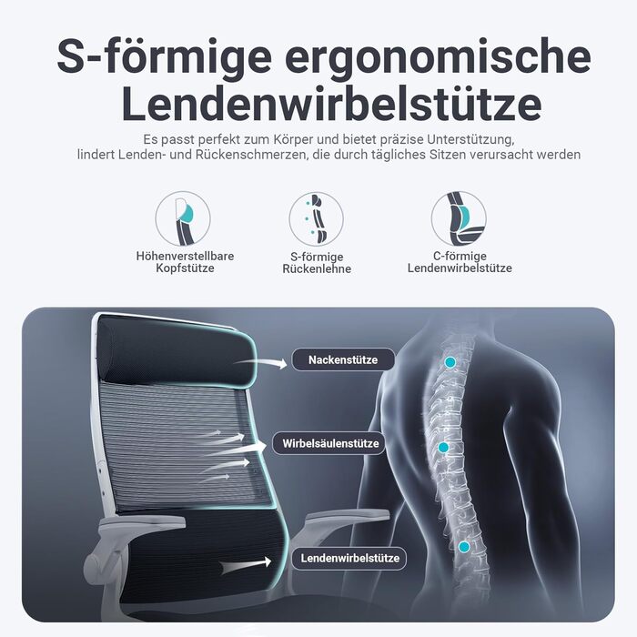 Ергономічне крісло для офісу з регульованою підголівником, крісло для робочого столу з сітки, відкидні підлокітники, широке сидіння, функція гойдання, комп'ютерне крісло EN 1335, офісне крісло 200 кг (чорно-біле)