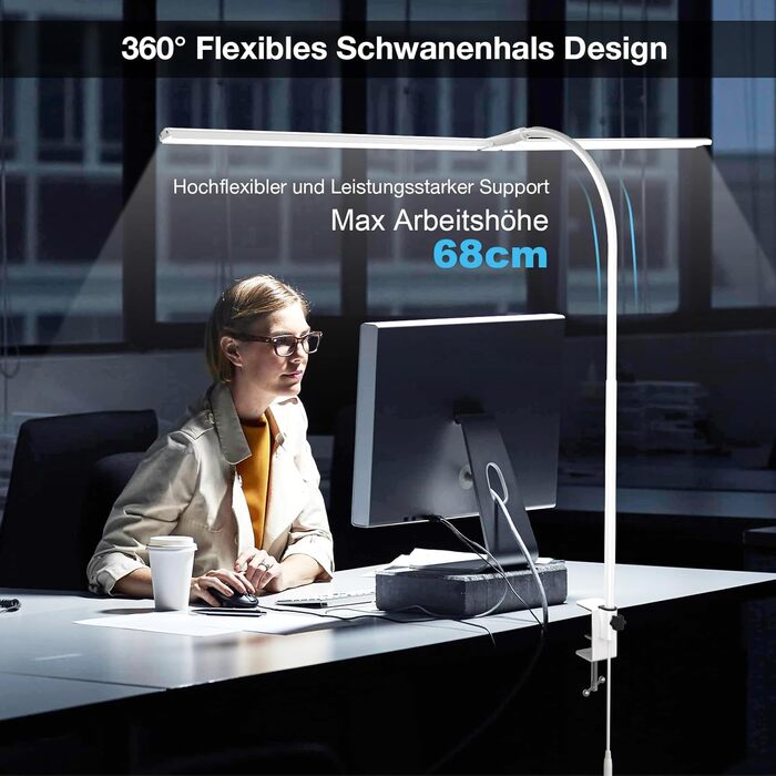 LED лампа настільна для офісу та дому, світло для монітора, 1400 люмен, регульована яскравість, кріплення-прищіпка, світло для робочого столу, гнусий «лебединий шия», подвійний насадка, 5 режимів кольору та рівнів яскравості, білий колір, 80 см