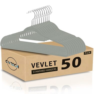Вешалки для одягу GVTECH оксамитові протиковзаючі, 50 шт, з підвісом для краваток та поворотним гачком 360°, сірі, 45 см