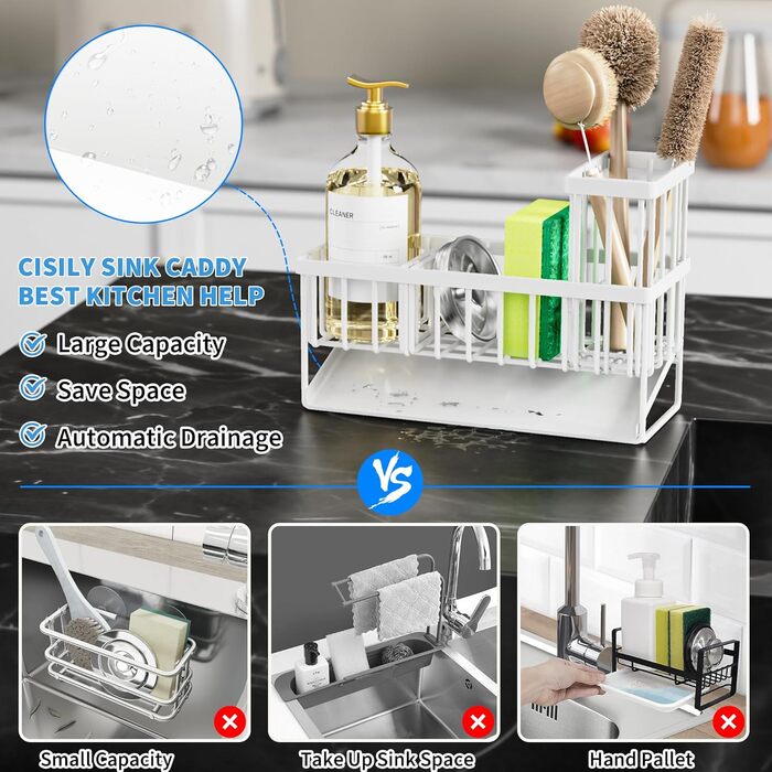 Cisily Kitchen Sink Caddy Organizer with Tall Brush Holder, Sponge Holder for Sink, 304 Stainless Steel, Kitchen Countertop, Soap Dispenser, Organizer, Kitchen Decor and Accessories (White/Opulent Garden)