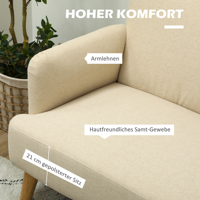 HOMCOM 2-Seater Sofa, Compact Design, Skin-Friendly Fabric, Up to 240 kg Capacity, 130x74x79 cm, Cream White