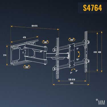 Настінний кріплення для телевізора RICOO S4764: поворотний та нахильний тримач для TV 40-75 дюймів, VESA до 600x400, до 60 кг