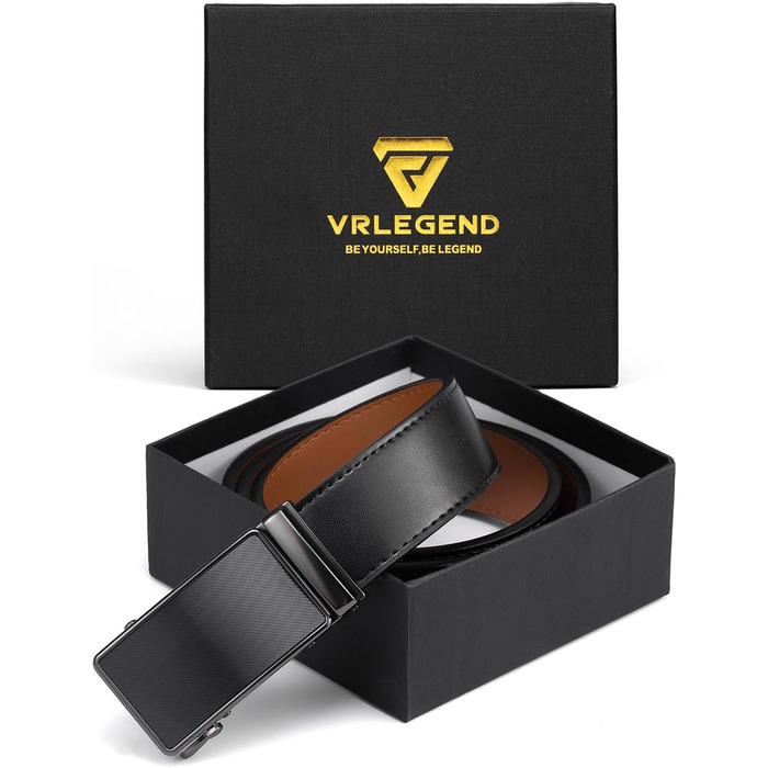 Чоловічий шкіряний ремінь VRLEGEND з автоматичною пряжкою (ратинг) без дірок для бізнесу/костюма, регульований розмір, з подарунковою коробкою, чорний