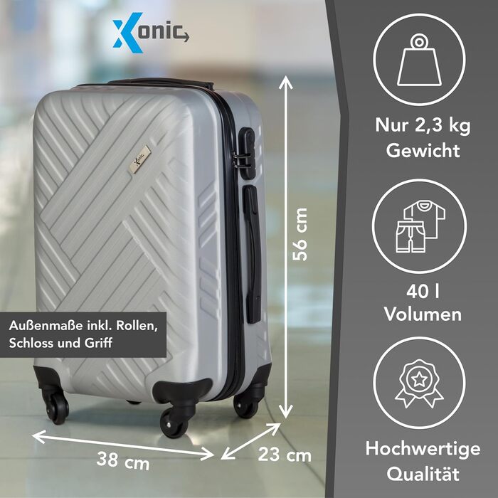 Валіза Xonic Design: ABS, 360° колеса, кодовий замок, L/XL/Set, інтегровано-зелений/сріблястий