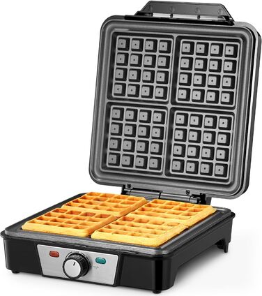 Reemix 4-Waffle Belgian Waffle Maker - 1200W Electric with Non-Stick Plates, Adjustable Temperature & Easy Cleaning, Stainless Steel