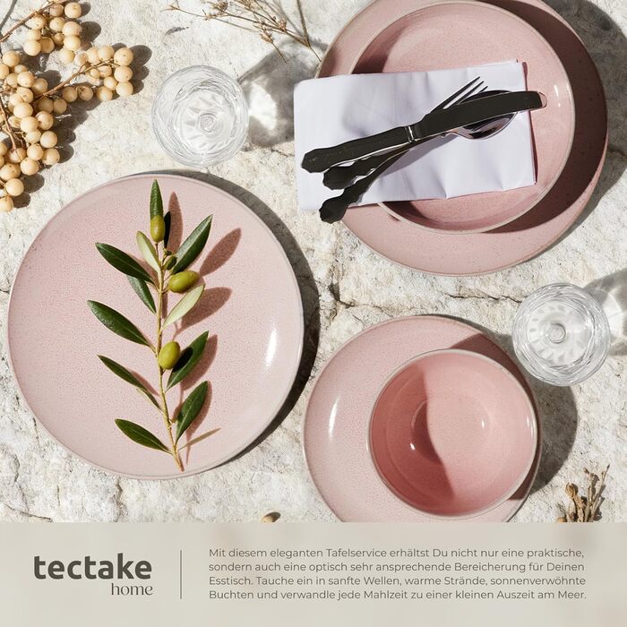Посуд TekTake 24 предмети на 6 осіб, керамічний набір, колір Coral Blush - тарілки, миски, для мікрохвильовки та посудомийної машини