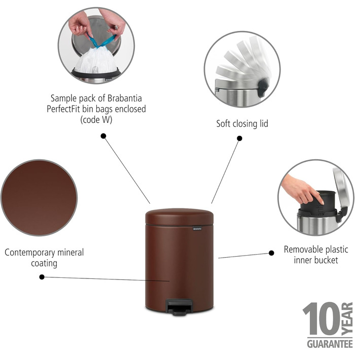 Відро для сміття Brabantia NewIcon 30L з м'яким закриттям, педальним механізмом та знімним внутрішнім відром (29 x 38 x 68 см, коричневе)